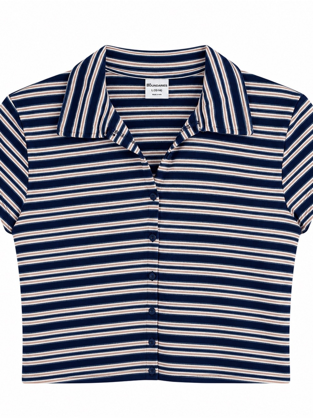 No Boundaries Navy and Cream Striped Cropped Polo Top